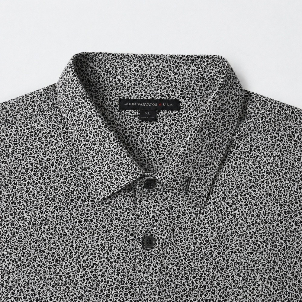 John Varvatos Button Shirt Men XL Black White Floral Short Sleeve Polo Stretch